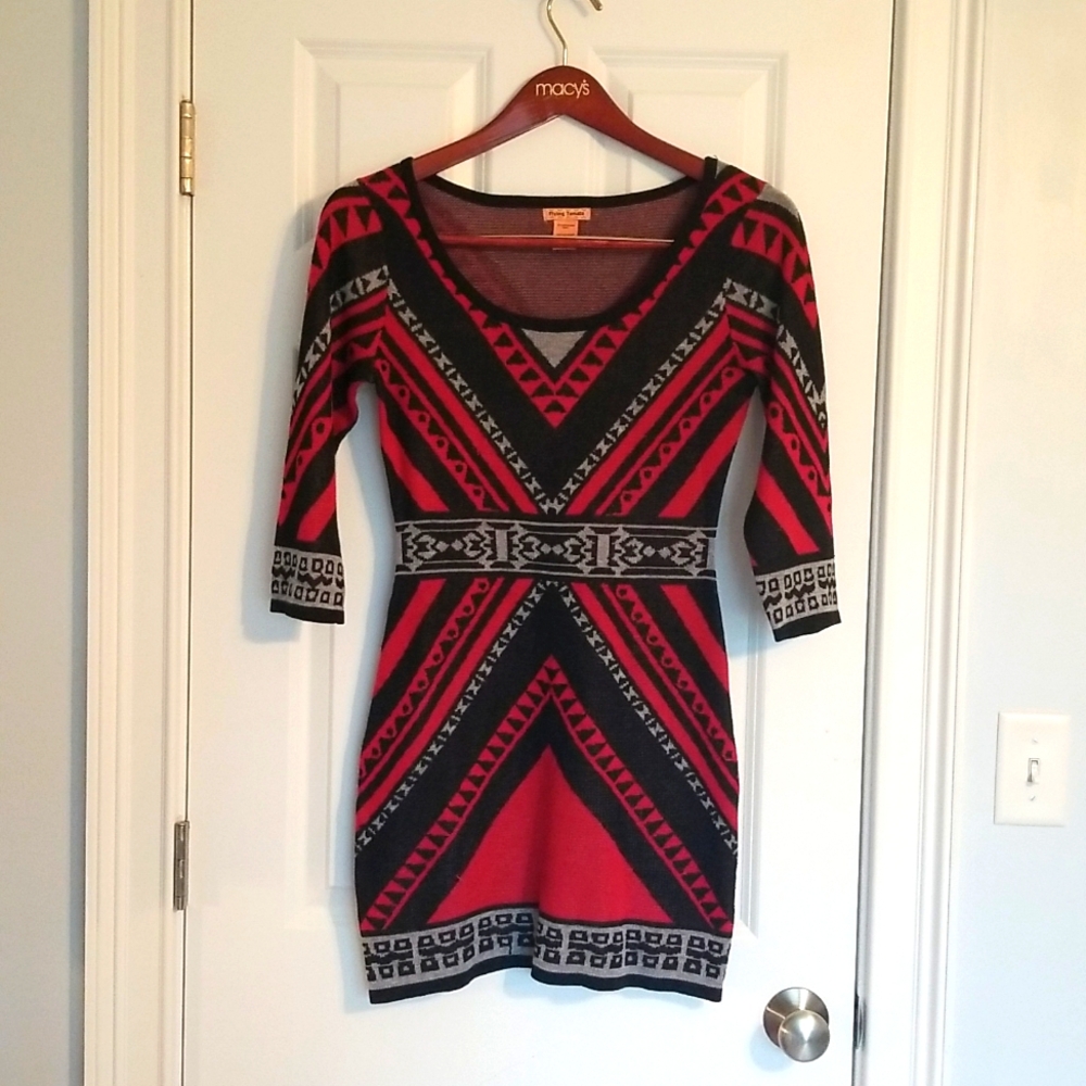 Geometric Pattern Sweater Dress, Size S, Red/Black/Gray